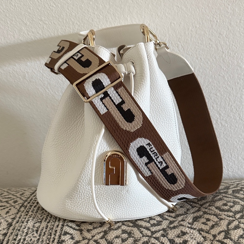 Furla White Bucket Bag with Brown Strap